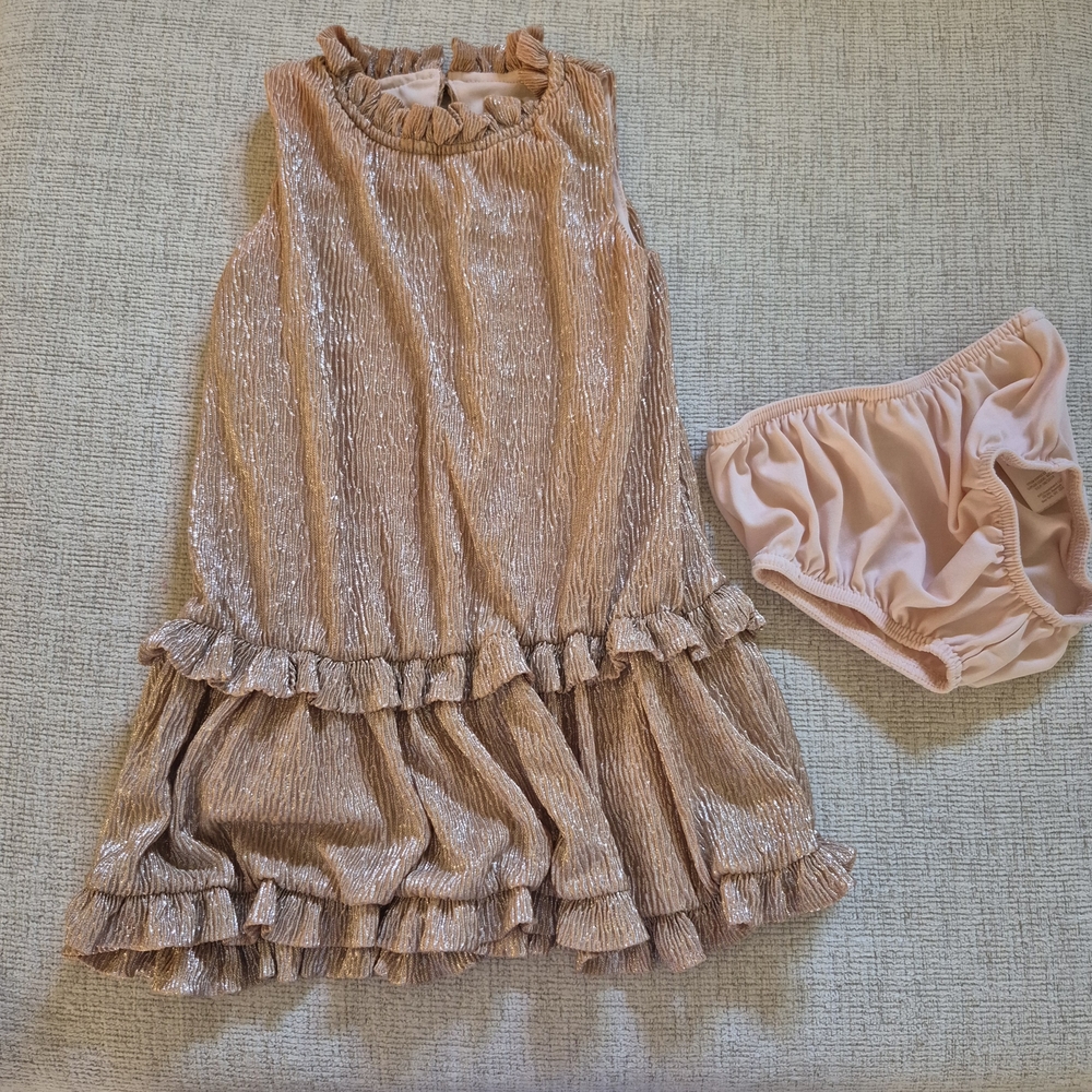 KATE SPADE KIDS Gold Ruffled Baby Dress with Bloomers